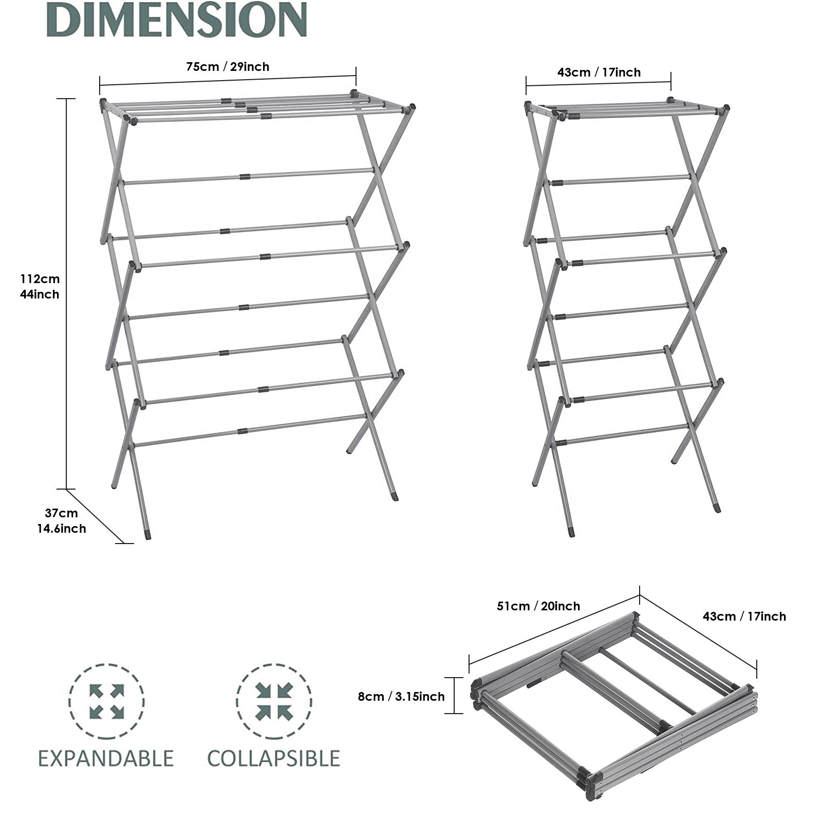 Expandable and Foldable Clothes Drying Stand, Clothes Rack for Air Drying Clothing, Sturdy Durable Clothes Dryer, Laundry Drying Stand for Indoor, Outdoor, Balcony, Gray