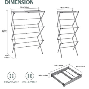 Expandable and Foldable Clothes Drying Stand, Clothes Rack for Air Drying Clothing, Sturdy Durable Clothes Dryer, Laundry Drying Stand for Indoor, Outdoor, Balcony, Gray