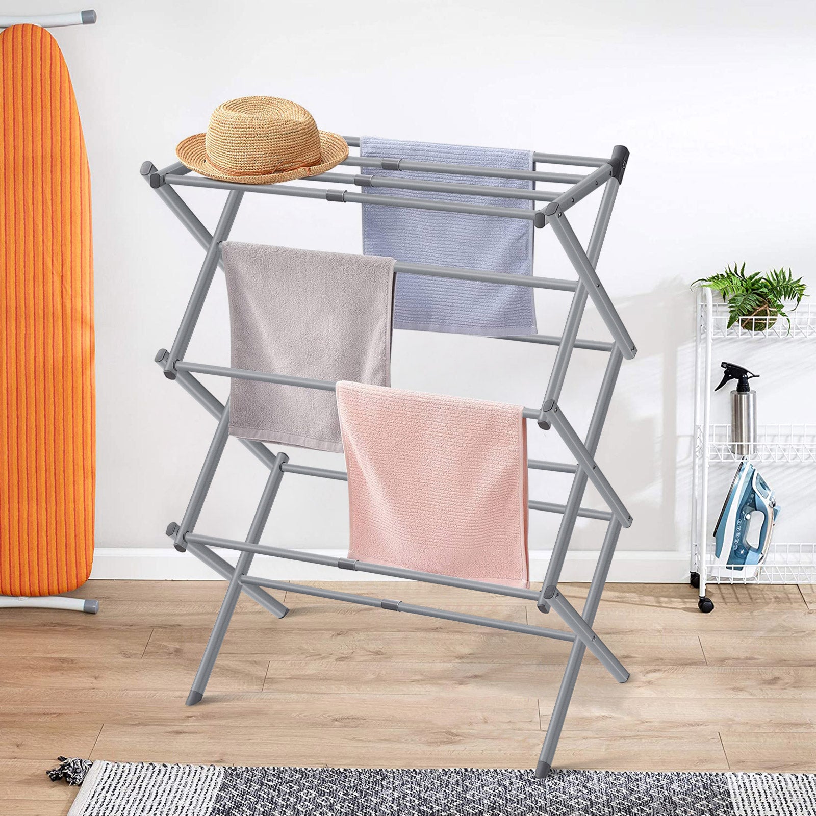 Expandable and Foldable Clothes Drying Stand, Clothes Rack for Air Drying Clothing, Sturdy Durable Clothes Dryer, Laundry Drying Stand for Indoor, Outdoor, Balcony, Gray